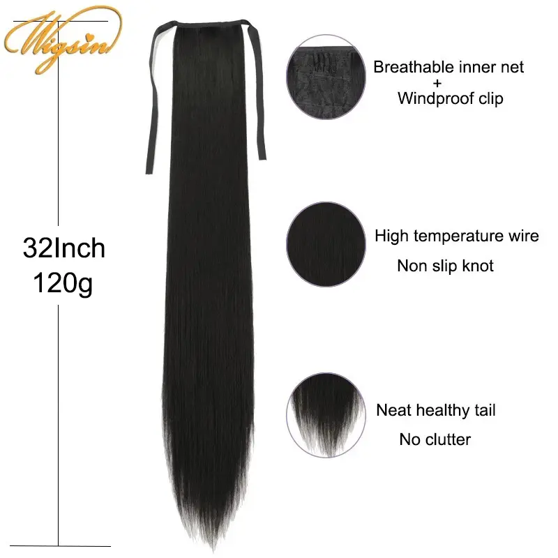 WIGSIN Synthetic 32Inch Long Straight Drawstring Ponytail Clip in Hair Extension Black Blonde Hairpiece for Women
