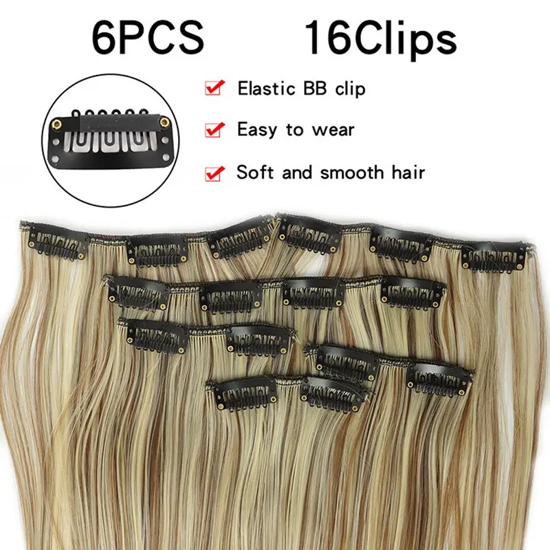 24 Inch Synthetic Clip In Hair Extensions 6PCS Hair 16 Clip Extensions  Long Straight  On Hairpieces For Women Girls