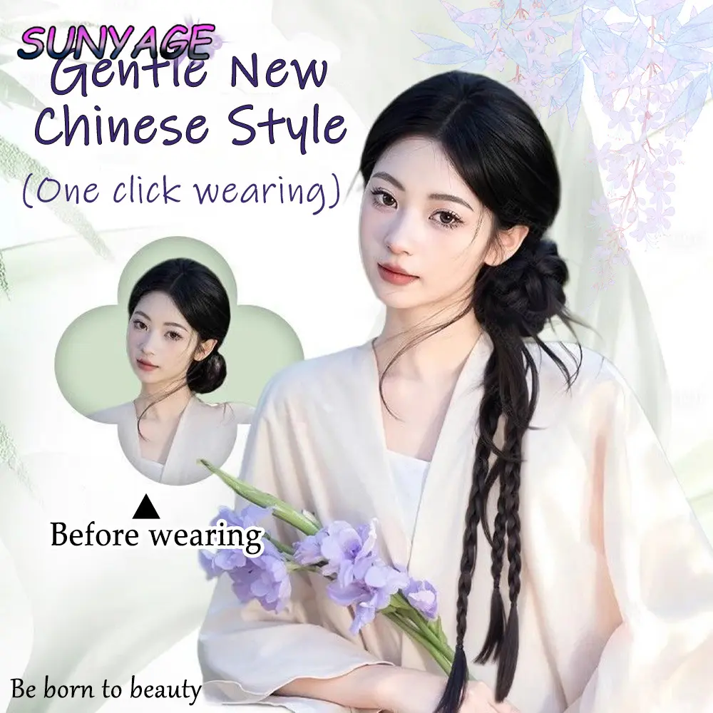 Synthetic Long Braid Ponytail Natural Hair Extensions Dragon beard flower bud head Claw Clip Style Fluffy Bun Head Wig Women