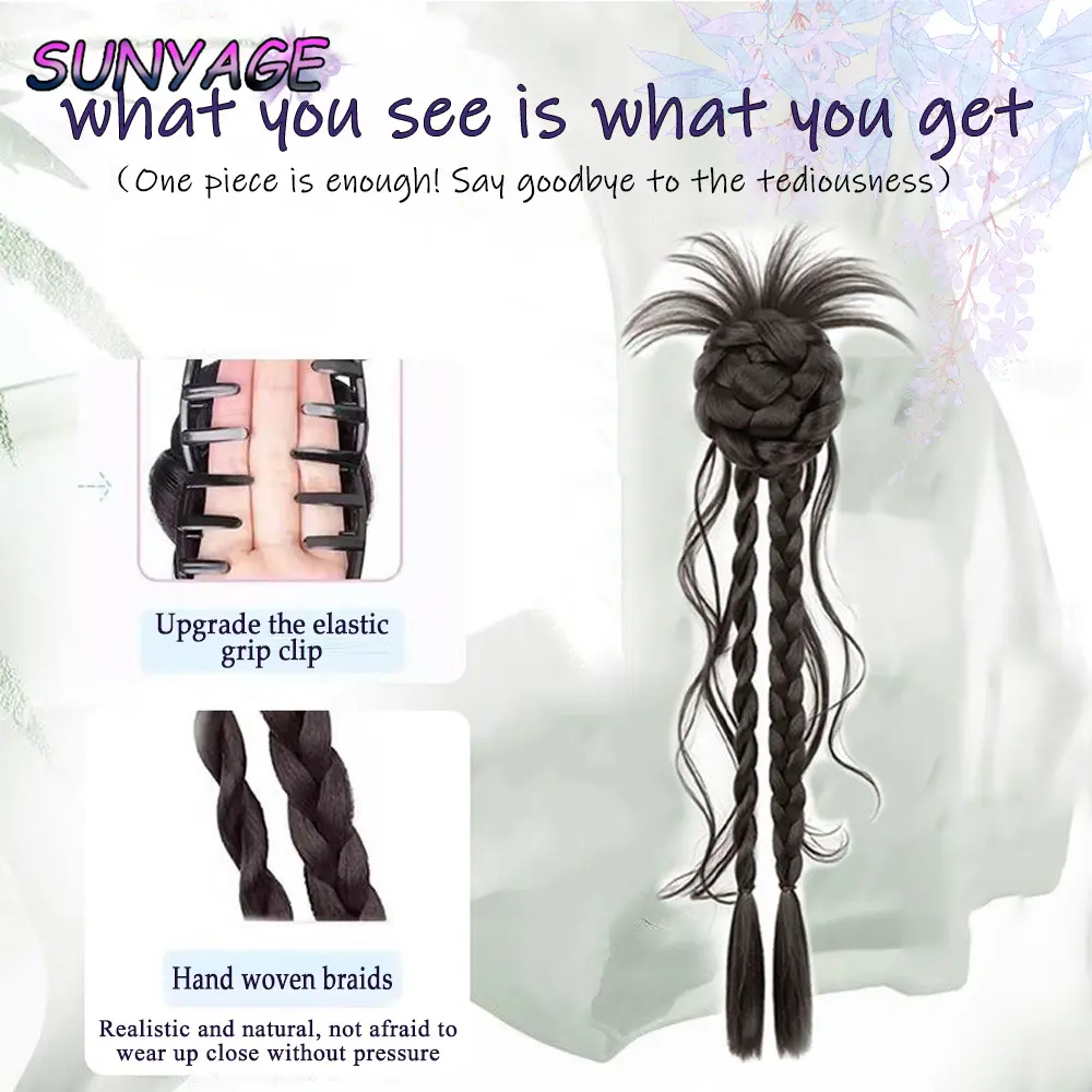 Synthetic Long Braid Ponytail Natural Hair Extensions Dragon beard flower bud head Claw Clip Style Fluffy Bun Head Wig Women