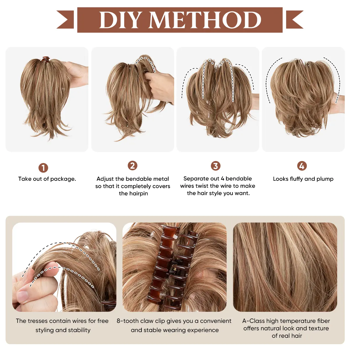 One Piece Premium Synthetic Diy Claw Clip In Ponytail Extension Hairpiece Daily Use Hair Bun Fake Blonde Pigtail for Women