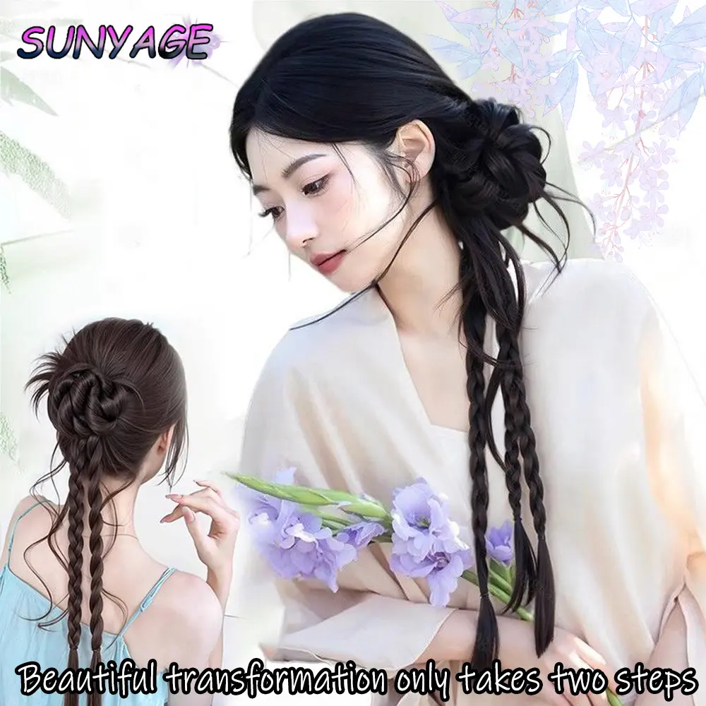 Synthetic Long Braid Ponytail Natural Hair Extensions Dragon beard flower bud head Claw Clip Style Fluffy Bun Head Wig Women