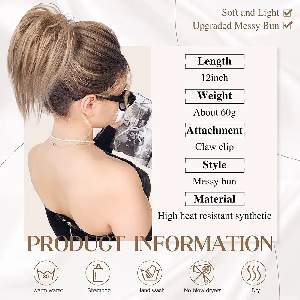 Short straight synthetic high ponytail extensions claw clip in Messy Bun hair piece for women daily use