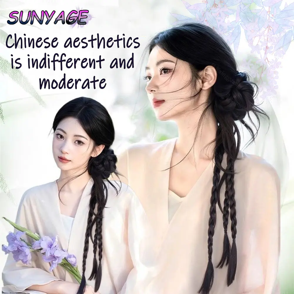 Synthetic Long Braid Ponytail Natural Hair Extensions Dragon beard flower bud head Claw Clip Style Fluffy Bun Head Wig Women