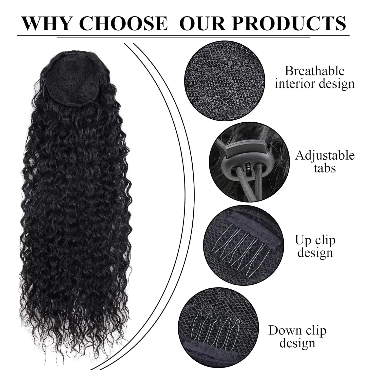 Synthetic Wig 24inch Long Curly Wave Drawstring Ponytail HairPieces Extension Heat Resistant Clip in For Women Girl