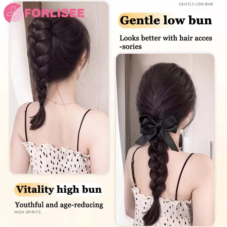 Synthetic Long Claw Clip On Bow Braid Ponytail Hair Extensions Heat Resistant Pony Tail Hair piece For Women Daily Party