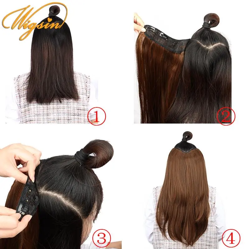 WIGSIN Synthetic 55cm V-shaped Layered 4 Clips Long Straight Hair Extension Natural Invisible Hairpiece Wig for Women