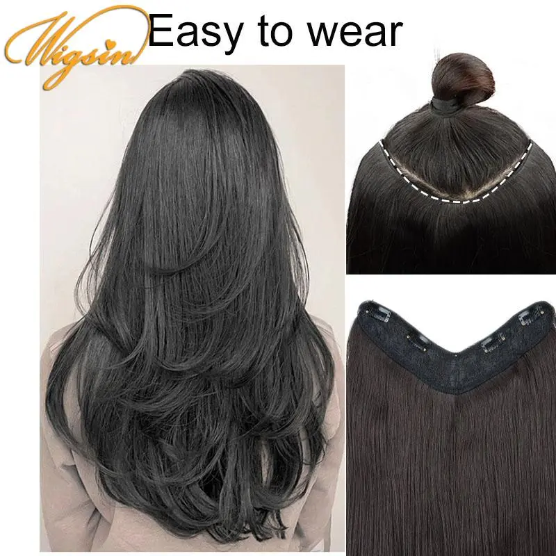 WIGSIN Synthetic 55cm V-shaped Layered 4 Clips Long Straight Hair Extension Natural Invisible Hairpiece Wig for Women