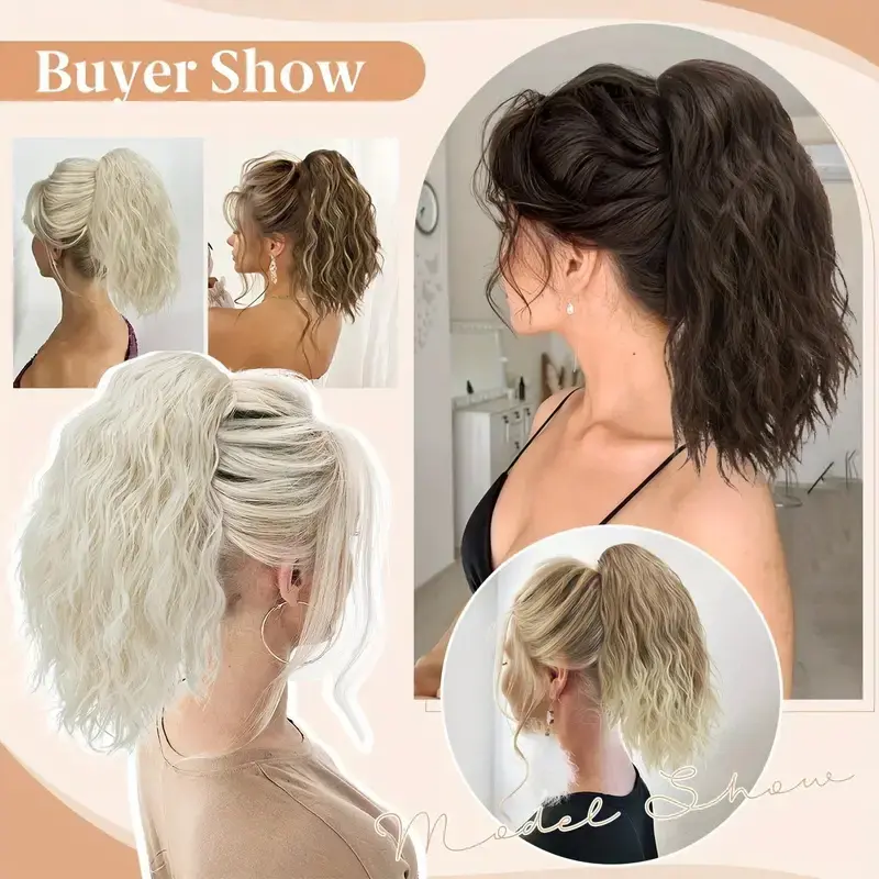 Synthetic 14Inch Short Wavy Brown Blonde Ponytail Hair Extension Claw Clip in Hairpiece   Style for Women