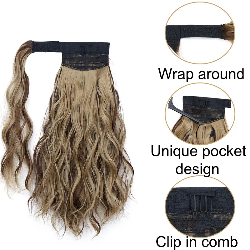 Synthetic 14Inch Wavy Curly Wrap Around Clip Ponytail Hair Extension Black Blonde Fake Hairpiece for Women
