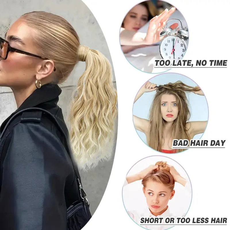 Synthetic 14Inch Wavy Curly Wrap Around Clip Ponytail Hair Extension Black Blonde Fake Hairpiece for Women