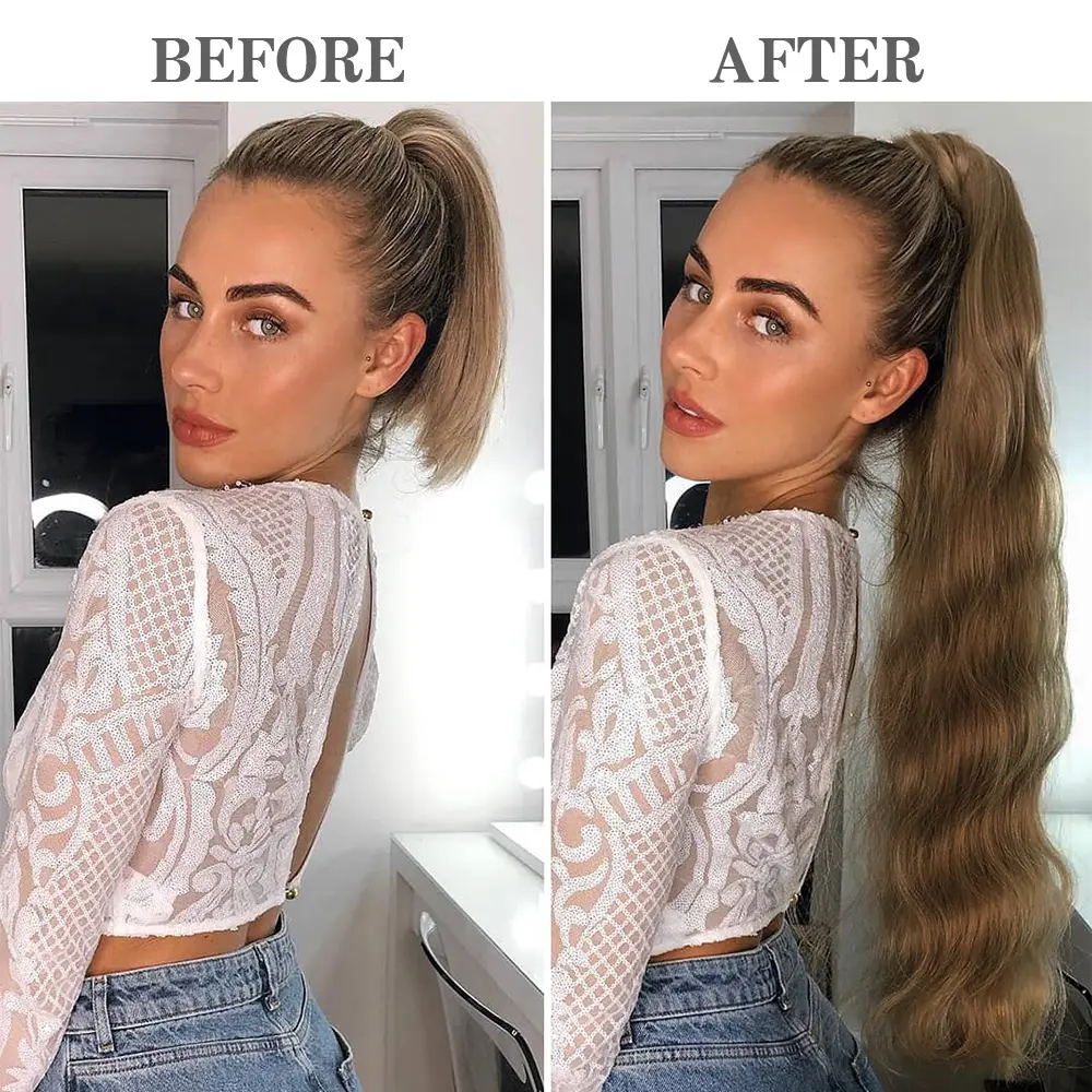 Synthetic Ponytail Extensions Long Hollywood Wave Ponytail Wrap Around Body Wave Clip in Hairpiece Blonde Ponytail for Women