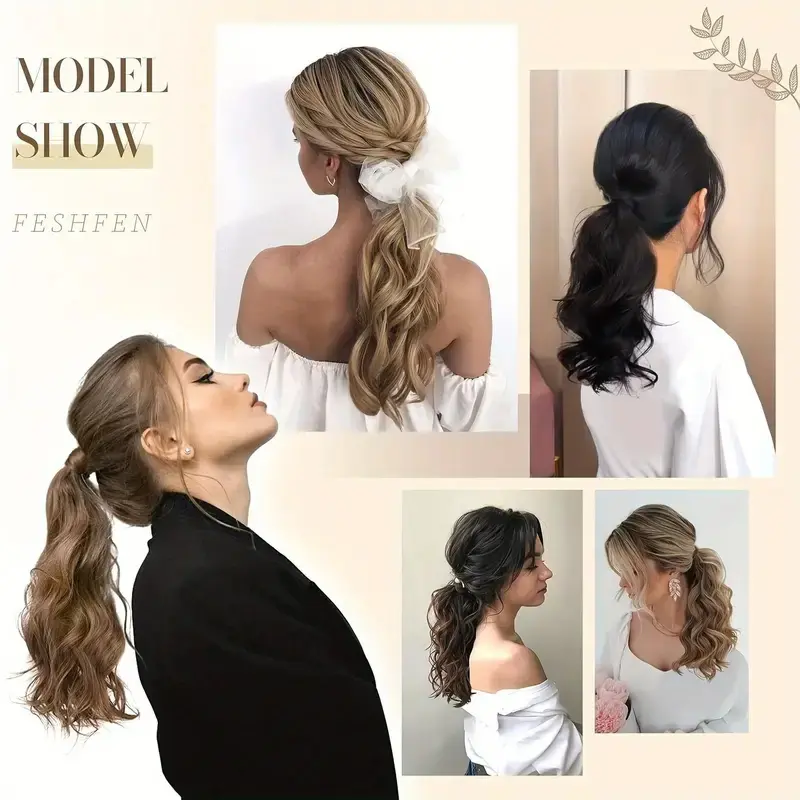 Synthetic 14Inch Wavy Curly Wrap Around Clip Ponytail Hair Extension Black Blonde Fake Hairpiece for Women