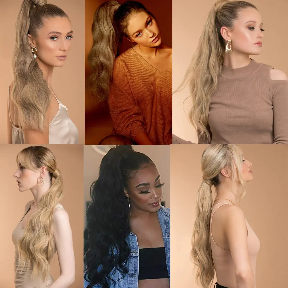 Synthetic Ponytail Extensions Long Hollywood Wave Ponytail Wrap Around Body Wave Clip in Hairpiece Blonde Ponytail for Women