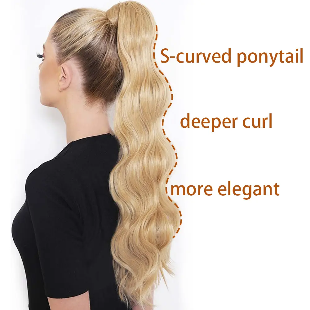 Synthetic Ponytail Extensions Long Hollywood Wave Ponytail Wrap Around Body Wave Clip in Hairpiece Blonde Ponytail for Women