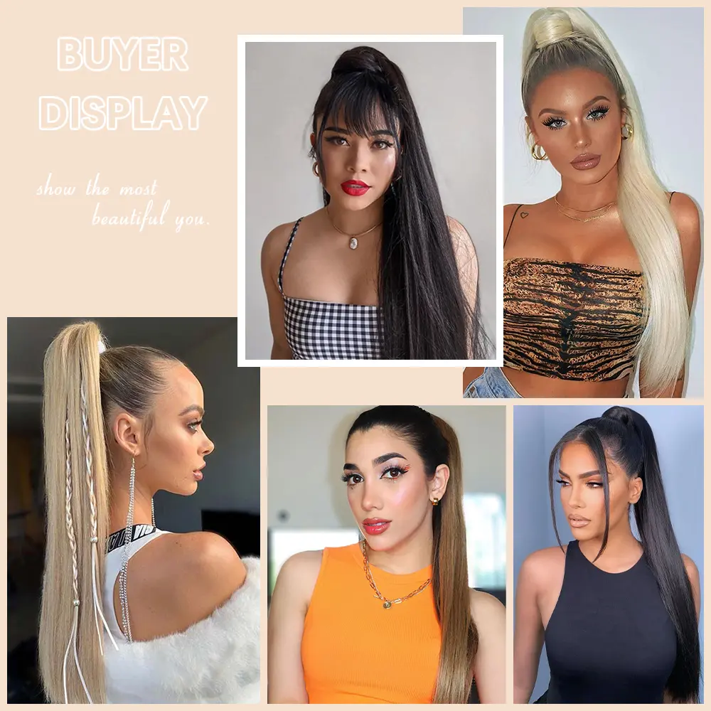 Synthetic Long Straight Ponytail Hair Extensions 24 Inch Black Brown Rubber Band Pony Tail Hairpiece For Women Daily Use
