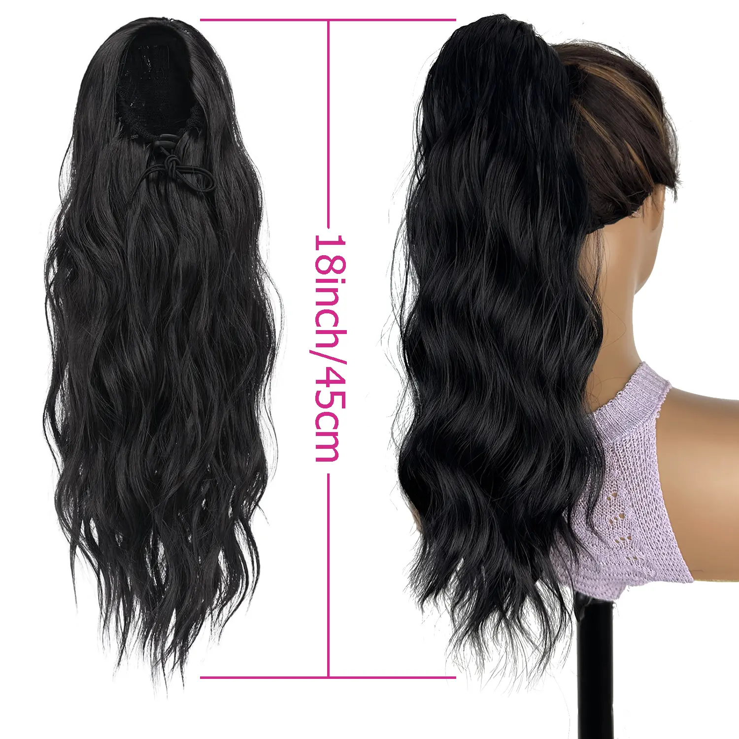 Synthetic Ponytail Hair Extension 18 Inch Long Wavy Drawstring Ponytail for Women Daily Use Clip in Pony Tail Hairpiece