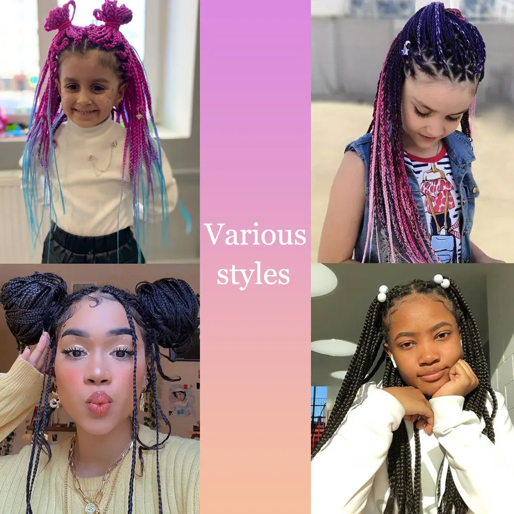 Synthetic 24inch Girls Colored Box Braided Ponytail With Elastic Rubber Band Hair Extensions Rainbow Color Box Pigtail Hairpiece