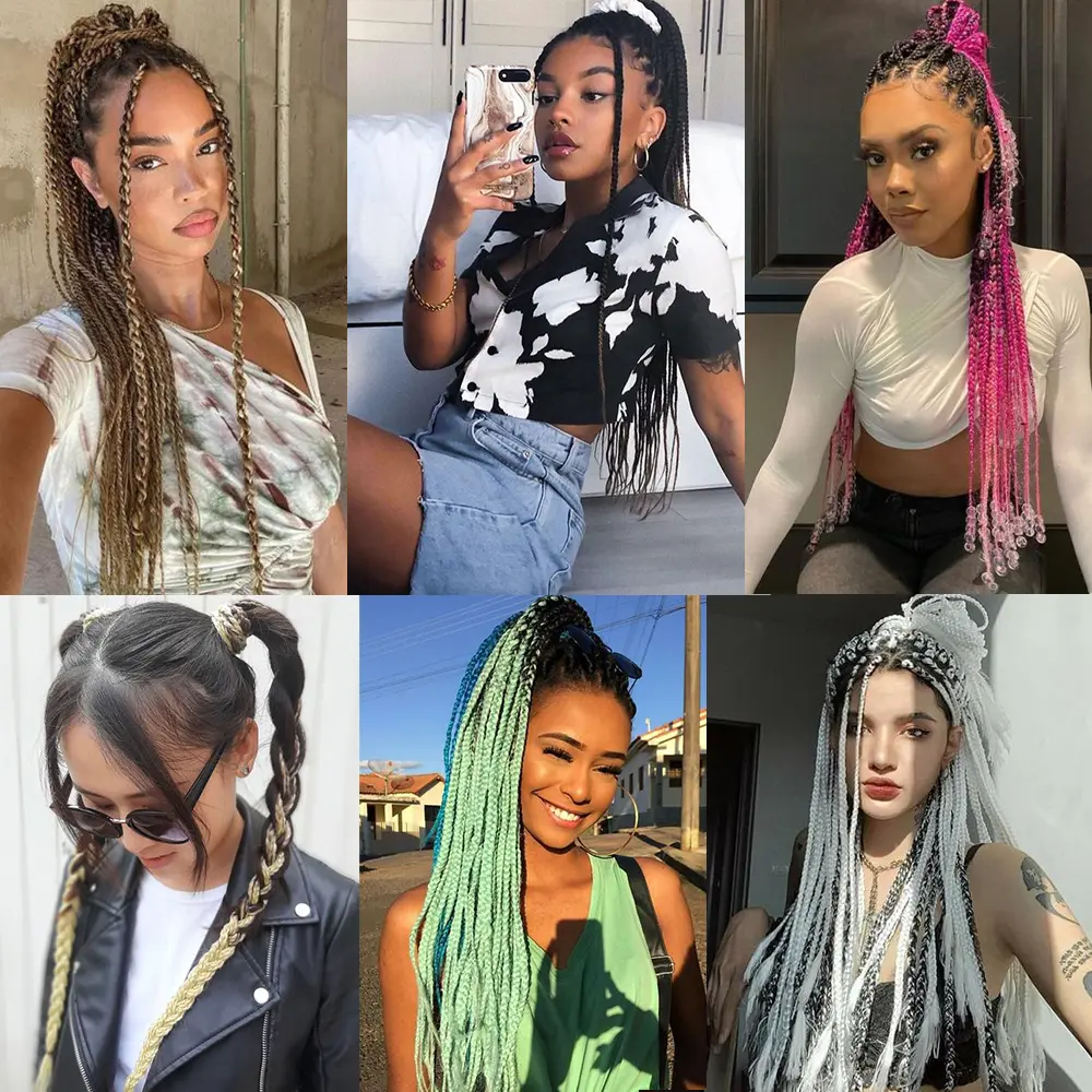 Synthetic 24inch Girls Colored Box Braided Ponytail With Elastic Rubber Band Hair Extensions Rainbow Color Box Pigtail Hairpiece