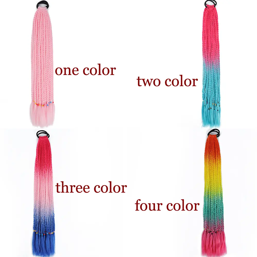 Synthetic 24inch Girls Colored Box Braided Ponytail With Elastic Rubber Band Hair Extensions Rainbow Color Box Pigtail Hairpiece