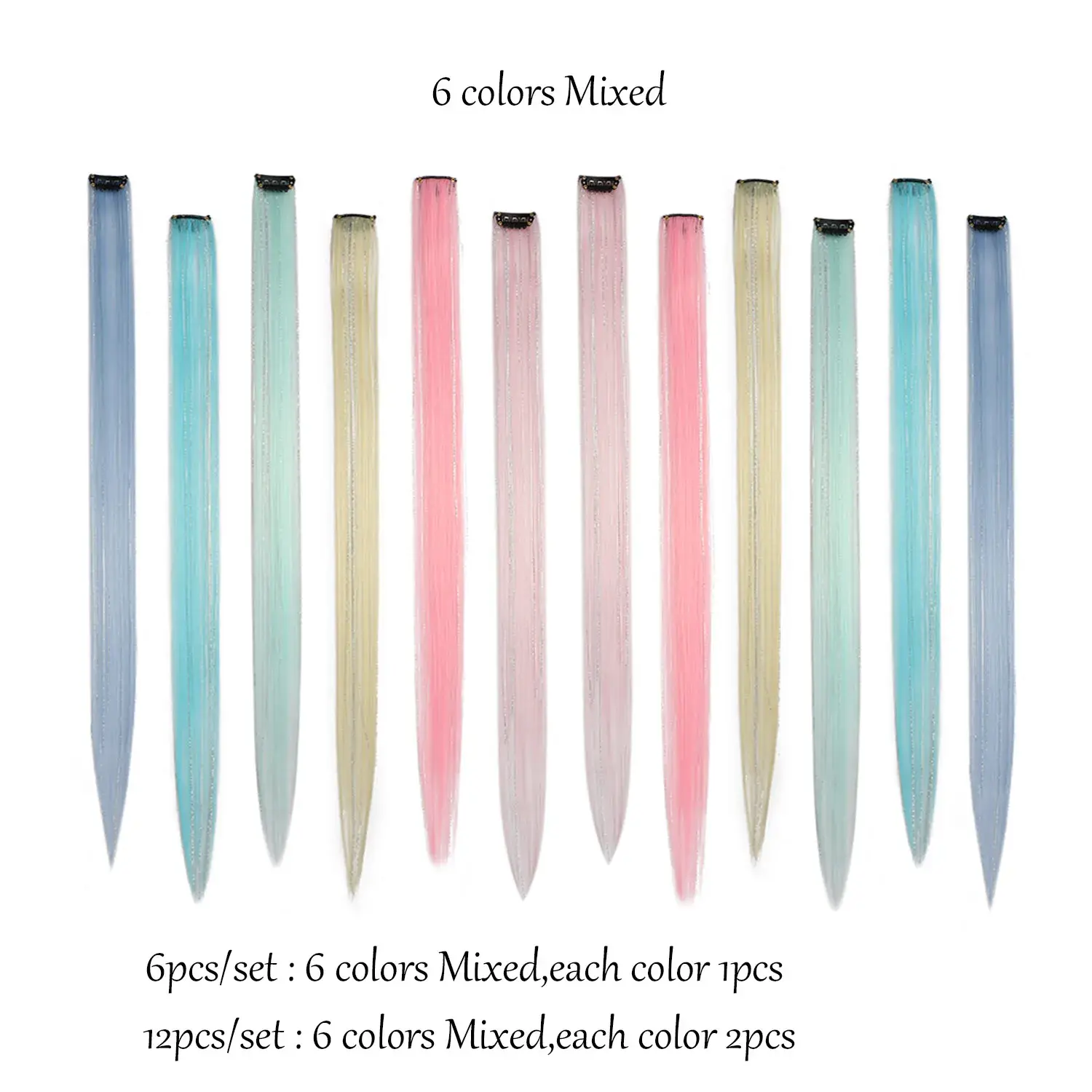 Multicolor Clip in Hair Extensions Mix tinsels Colored Hair Extensions,2 in 1 Rainbow Hair with Silver Tinsels for Kids Girls
