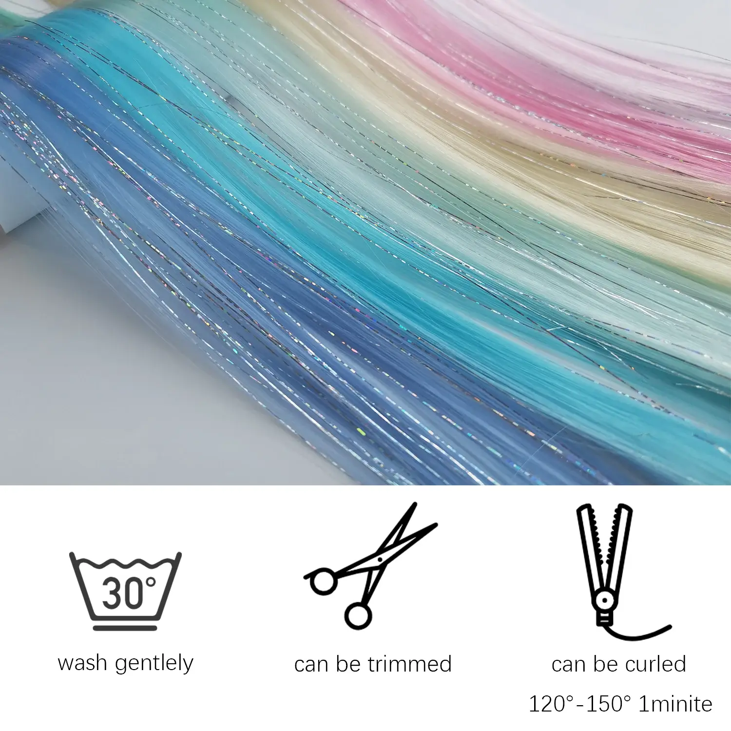 Multicolor Clip in Hair Extensions Mix tinsels Colored Hair Extensions,2 in 1 Rainbow Hair with Silver Tinsels for Kids Girls