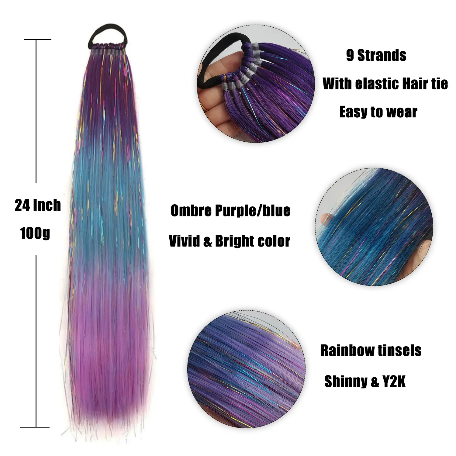Purple Blue Tinsel Ponytail Extension with Elastic Hair Tie Glitter Braiding Hair For Kids Girls Crazy Hair Day Brave Hair