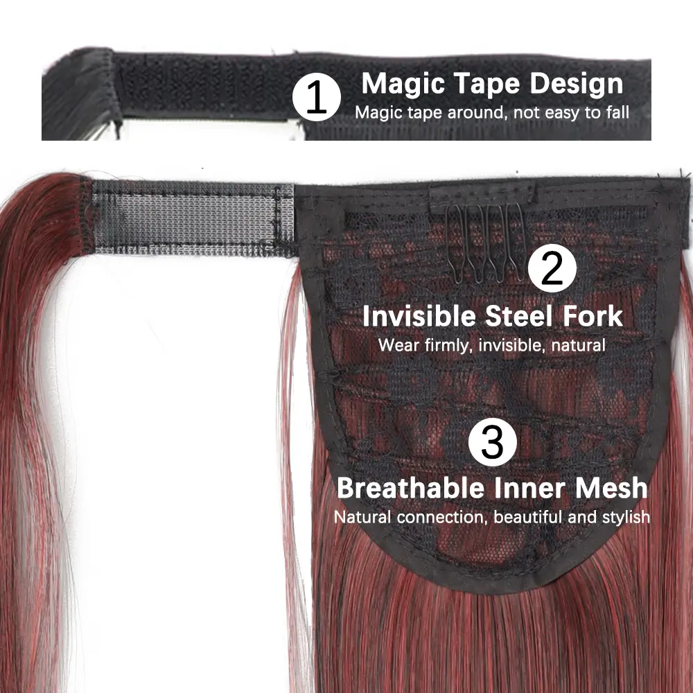 Synthetic 34 Inch Long Straight Ponytail Hair Extensions Natural Brown Wrap Around Clip In Pony Tail Hairpiece For Women
