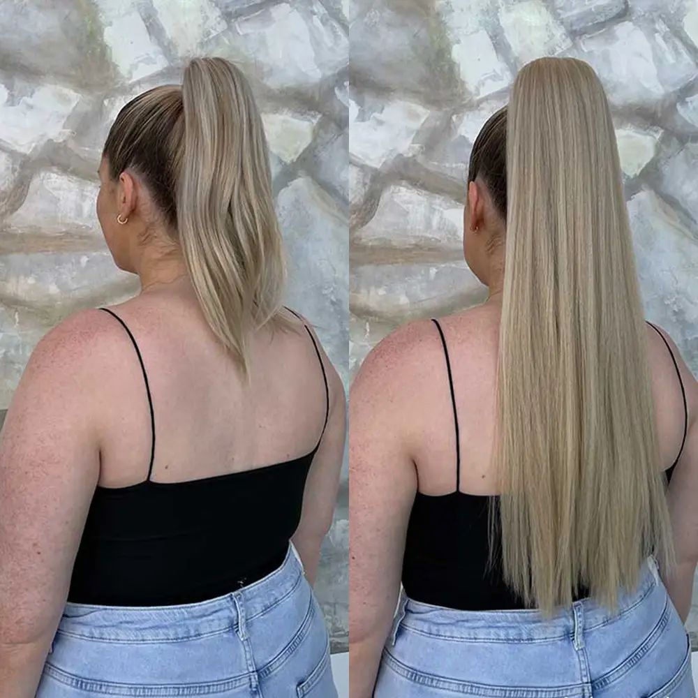 Synthetic 34 Inch Long Straight Ponytail Hair Extensions Natural Brown Wrap Around Clip In Pony Tail Hairpiece For Women