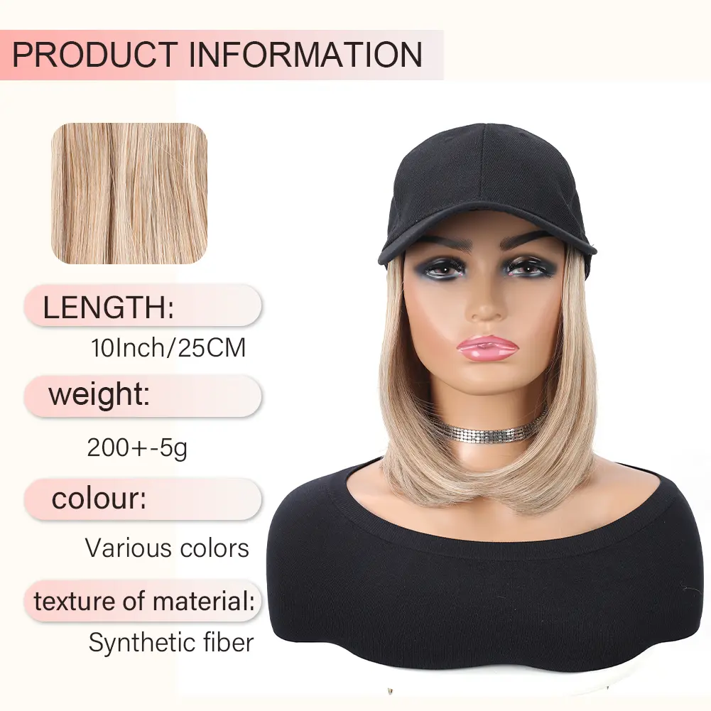 Baseball Cap with Synthetic Hair Extensions Straight Short Bob Hairstyle Adjustable Removable Wig Hat 10 inch for Woman Girl