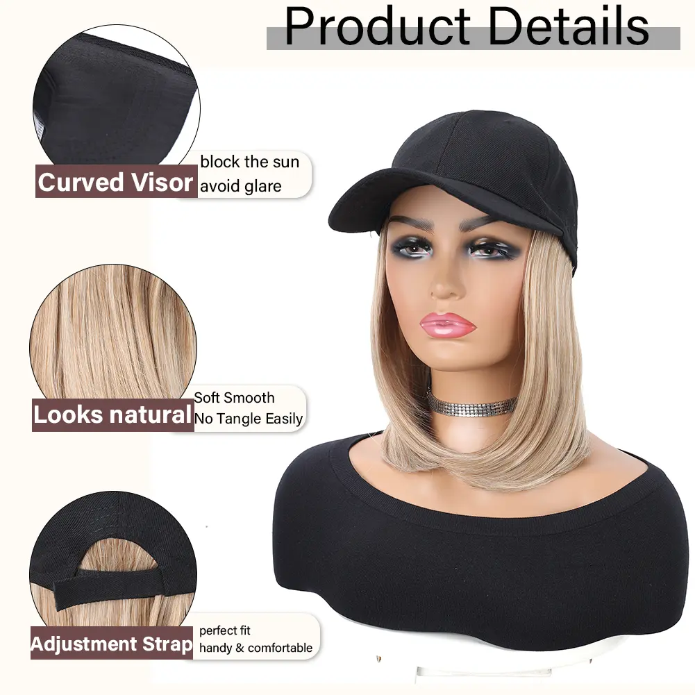 Baseball Cap with Synthetic Hair Extensions Straight Short Bob Hairstyle Adjustable Removable Wig Hat 10 inch for Woman Girl