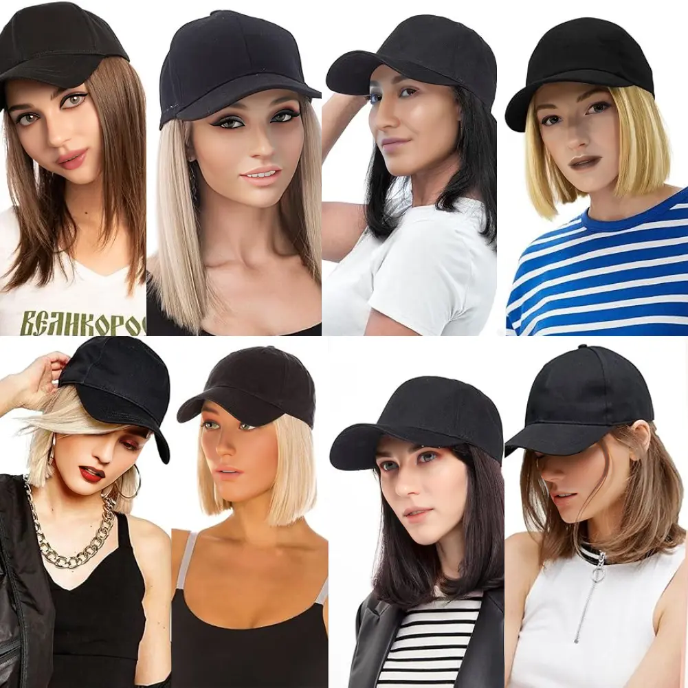 Baseball Cap with Synthetic Hair Extensions Straight Short Bob Hairstyle Adjustable Removable Wig Hat 10 inch for Woman Girl