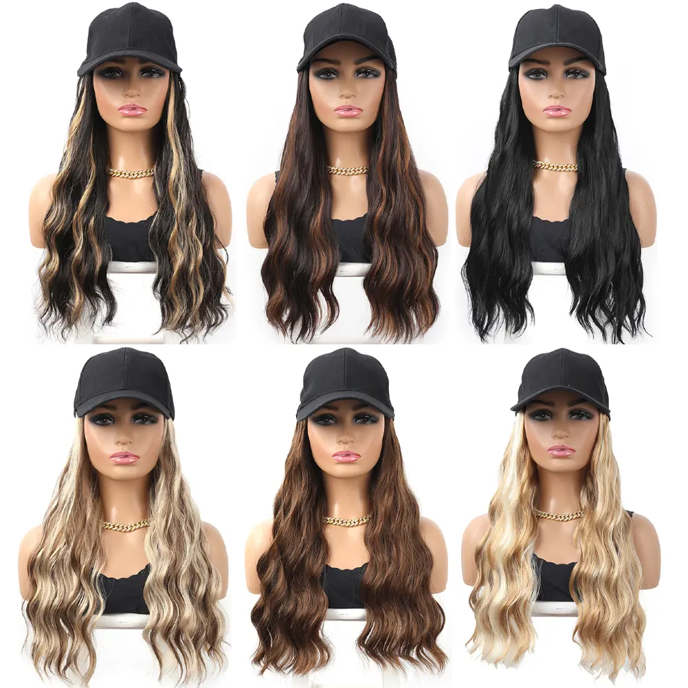 Baseball Cap With Curly Synthetic Hair Extensions For Women Long Water Wave Adjustable Hat Wig Wavy Hairstyle For Daily Use