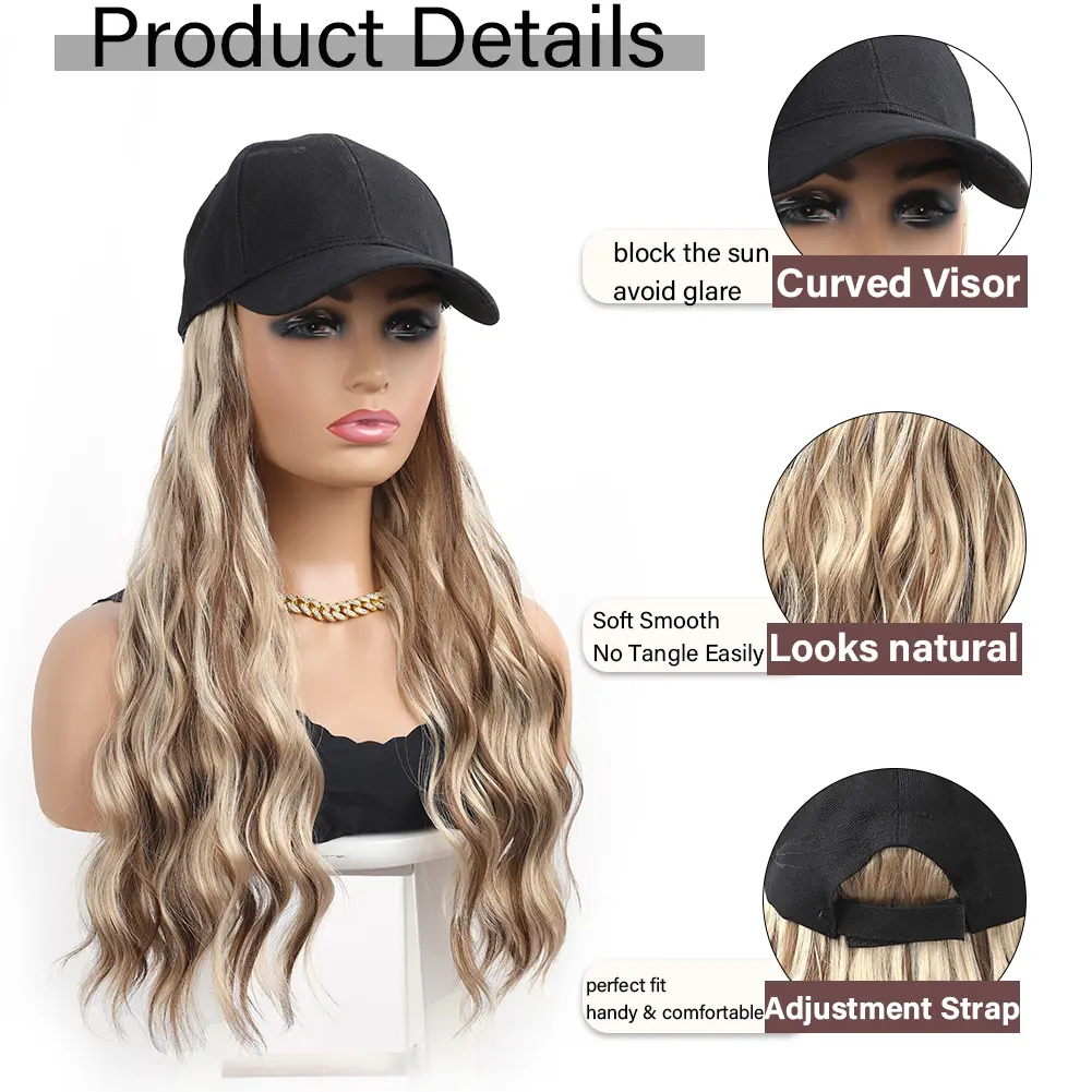 Baseball Cap With Curly Synthetic Hair Extensions For Women Long Water Wave Adjustable Hat Wig Wavy Hairstyle For Daily Use