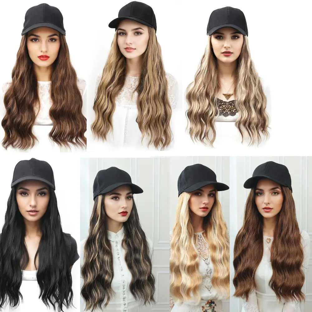 Baseball Cap With Curly Synthetic Hair Extensions For Women Long Water Wave Adjustable Hat Wig Wavy Hairstyle For Daily Use