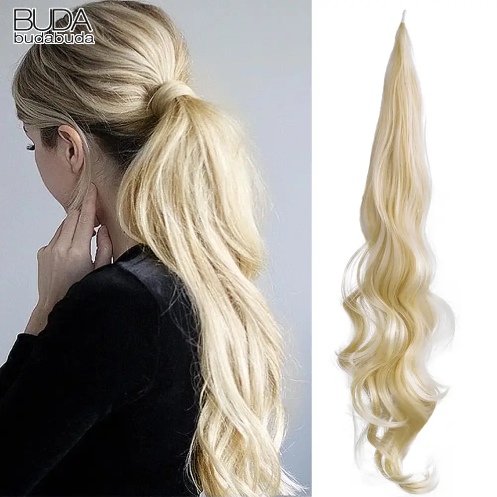 Synthetic Flexible Wrap Around PonyTail Hair Extension 26" Pony Tail Hairpieces Blonde Long Wave Ponytail For Women Daily Use