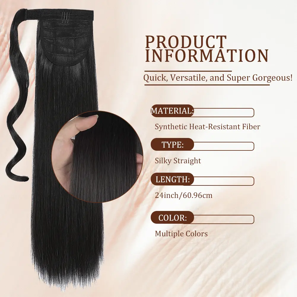 Straight Long Ponytail Synthetic Extensions 24&18 Inches Wrap Around  Hair Piece Magic Paste Ponytail Extensions for Women Girls