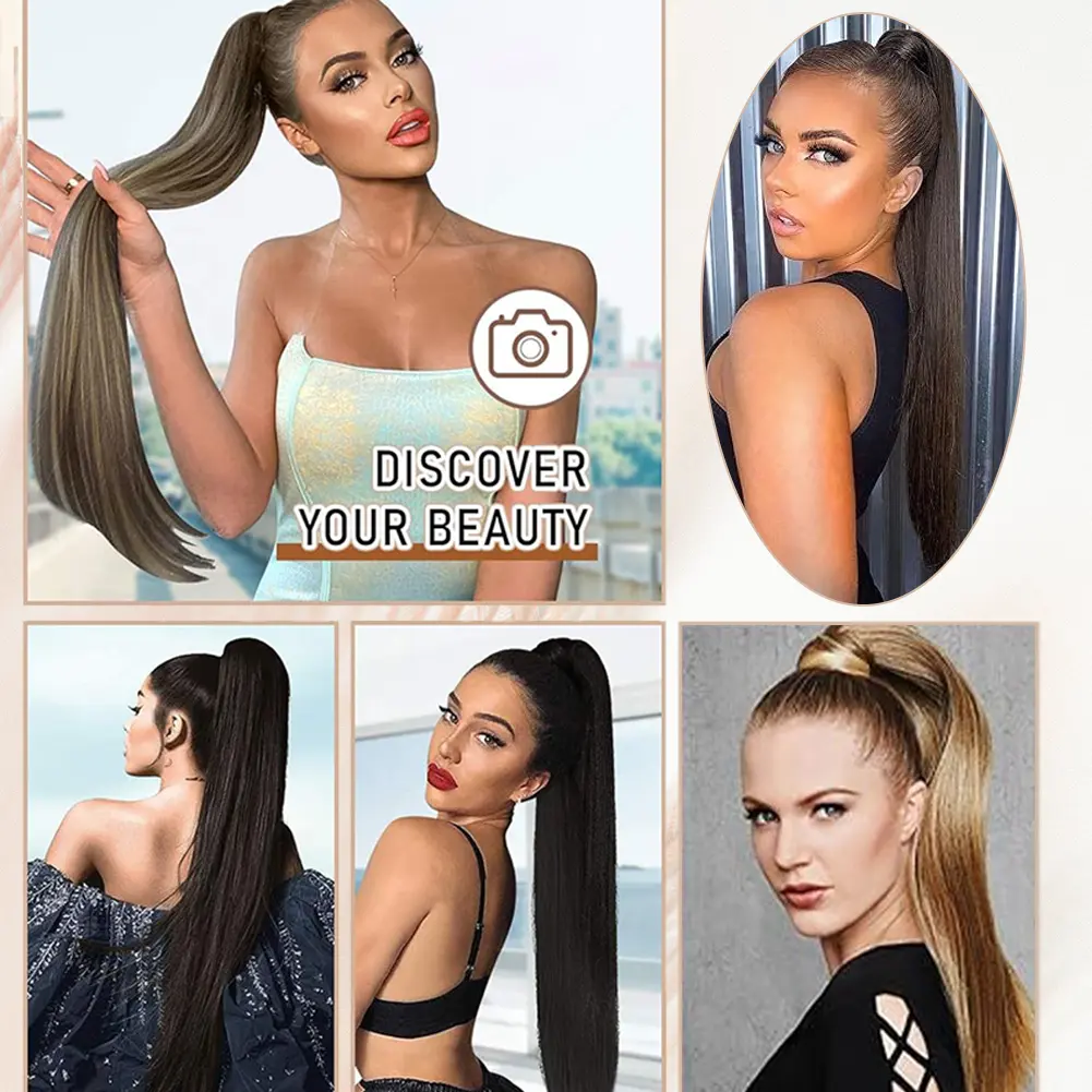 Straight Long Ponytail Synthetic Extensions 24&18 Inches Wrap Around  Hair Piece Magic Paste Ponytail Extensions for Women Girls