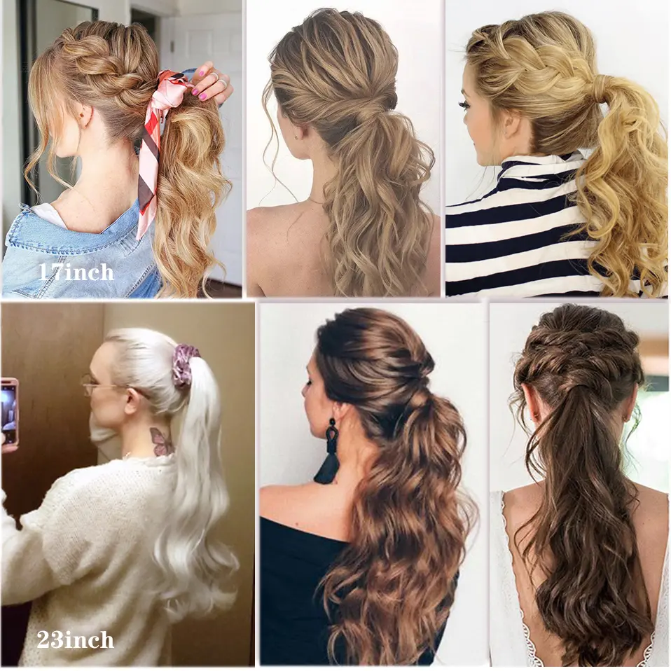 S-noilite Synthetic 17inch Long Wavy Natural Ponytail Clip In Pony Tail Hairpiece Wrap Around Ponytail Extension Hair for Women