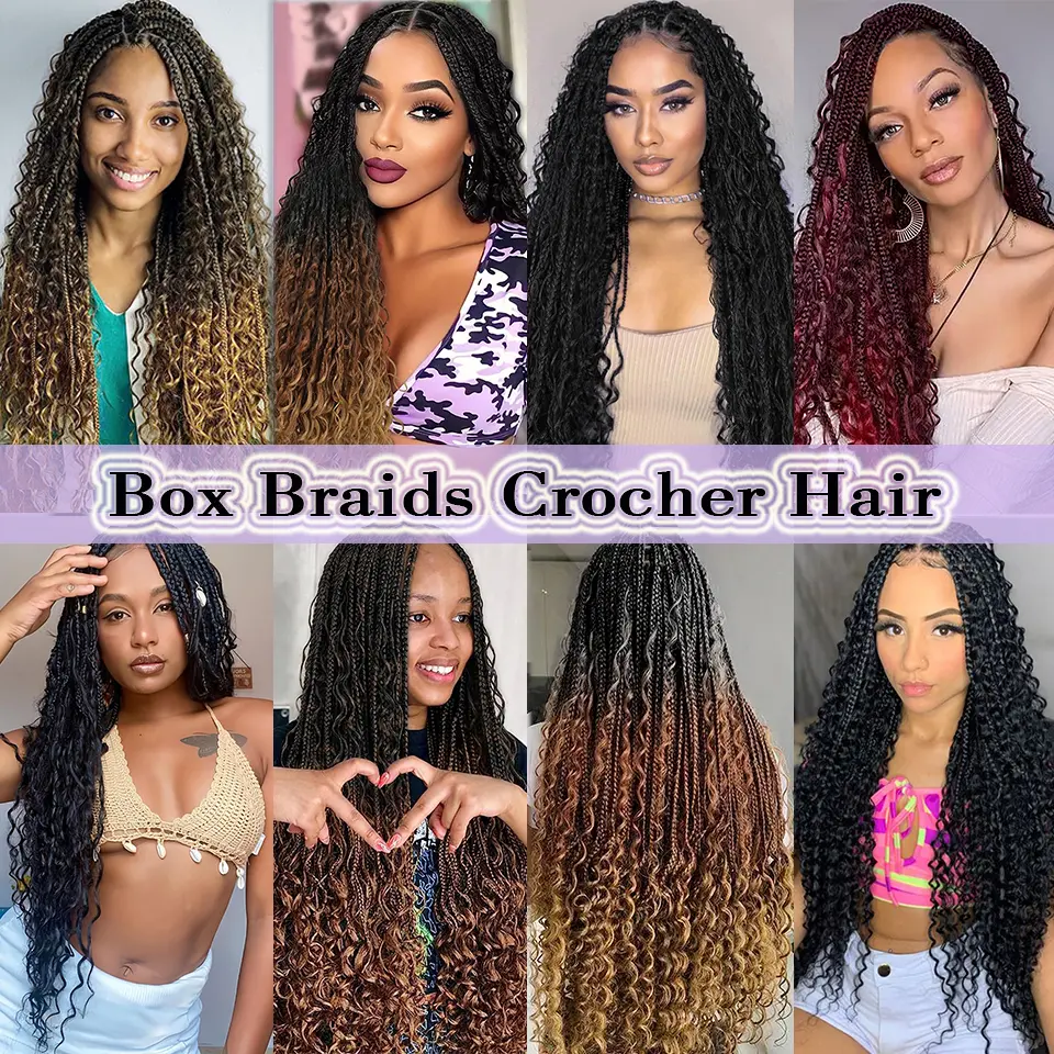 Boho Box Braids Crochet Synthetic Hair Goddess Crochet Box Braids With Curly Ends Bohomian Braids Crochet Hair For Black Women