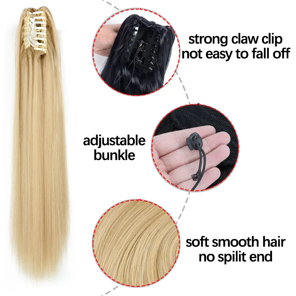 24 Inch Heat Resistant Synthetic Long Straight Claw Clip on Ponytail Hair Extension Piece for Women Daily Party Use