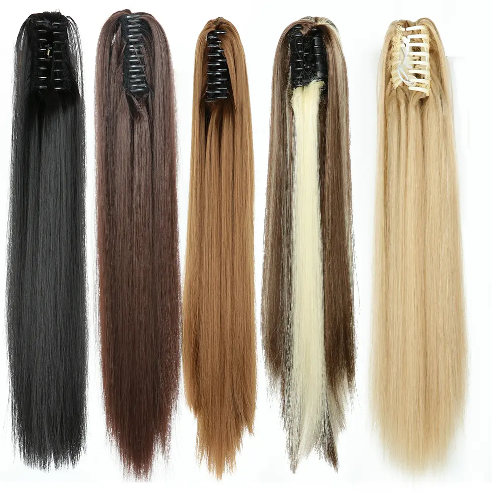 24 Inch Heat Resistant Synthetic Long Straight Claw Clip on Ponytail Hair Extension Piece for Women Daily Party Use