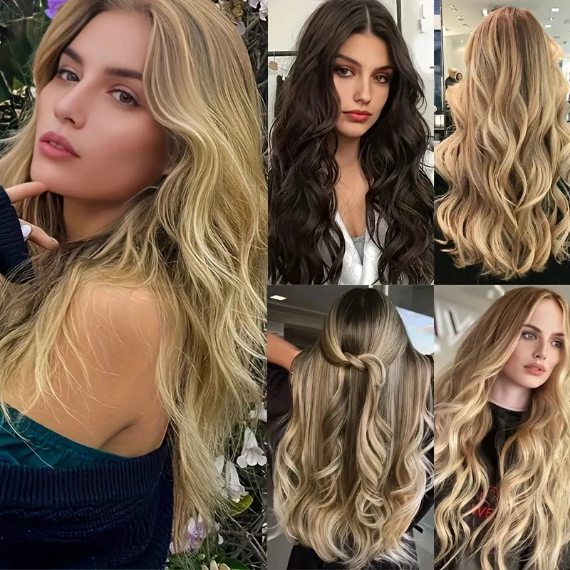 Synthetic 24Inch 16Clips Long Curly Hair Extension Heat Resistant Hair Extension Clips In Ombre Black Brown Blond Women