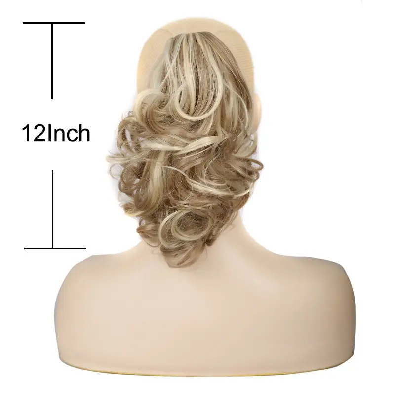 12Inch Synthetic Short Wavy Curly Ponytail Hair Extension Claw Clip in Ponytail Mixed Blonde Hairpiece for Women