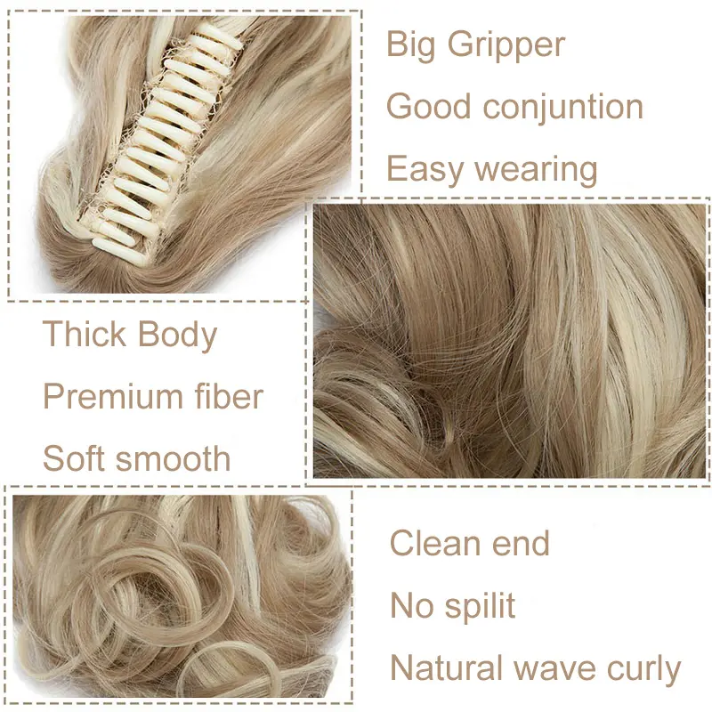 12Inch Synthetic Short Wavy Curly Ponytail Hair Extension Claw Clip in Ponytail Mixed Blonde Hairpiece for Women
