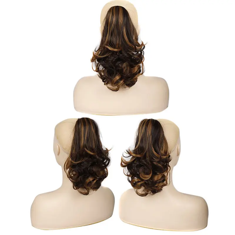 12Inch Synthetic Short Wavy Curly Ponytail Hair Extension Claw Clip in Ponytail Mixed Blonde Hairpiece for Women