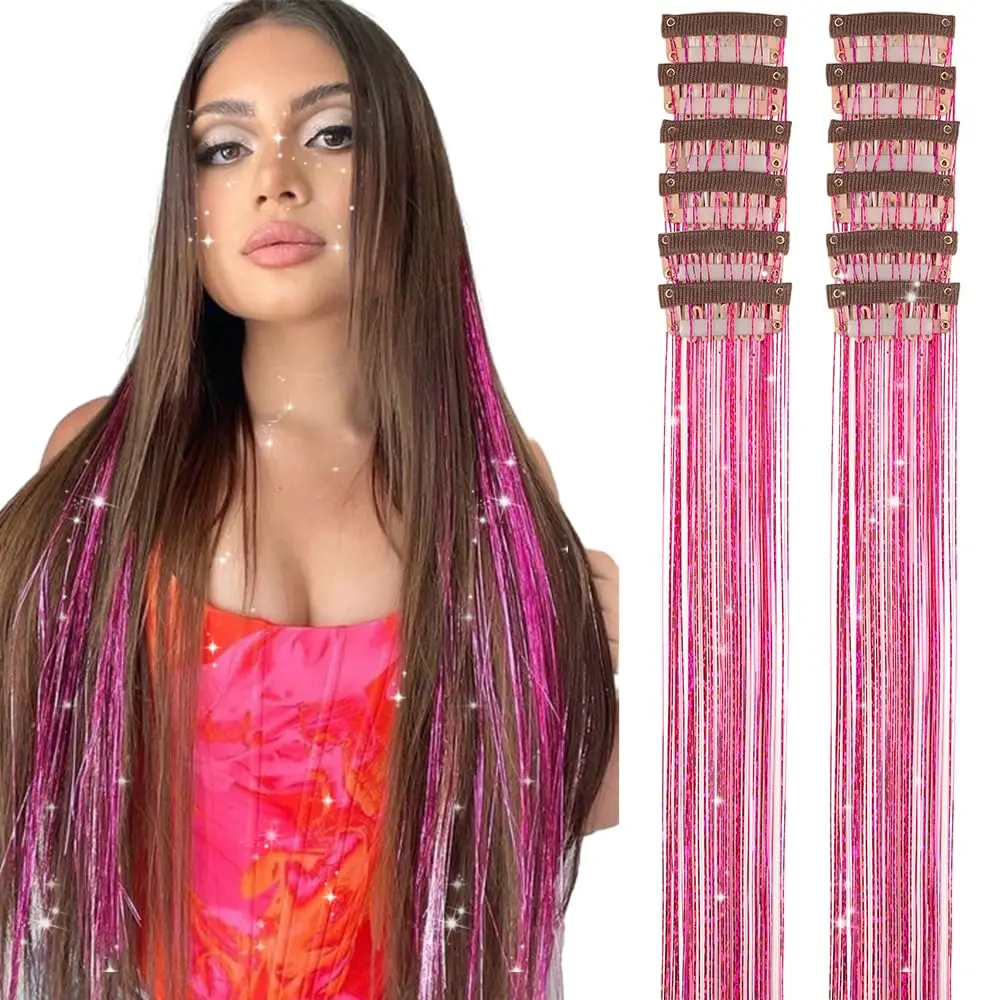 6Pcs 50cm Sparking Shiny Hair Tinsel Hair Extensions Tinsel Synthetic Hair Clip  Extensions Women for Braiding Headdress