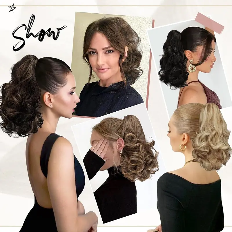 12Inch Synthetic Short Wavy Curly Ponytail Hair Extension Claw Clip in Ponytail Mixed Blonde Hairpiece for Women