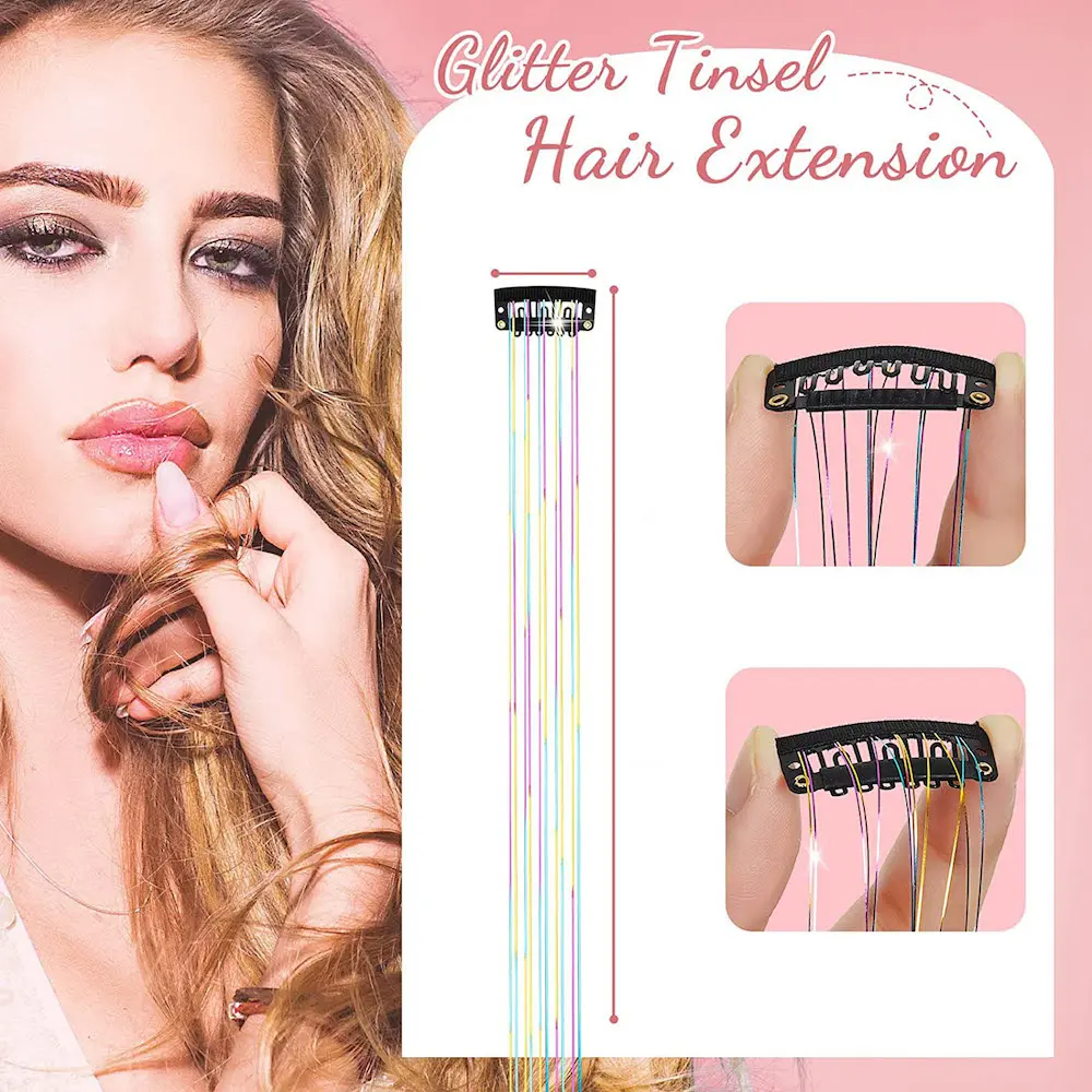 6Pcs 50cm Sparking Shiny Hair Tinsel Hair Extensions Tinsel Synthetic Hair Clip  Extensions Women for Braiding Headdress