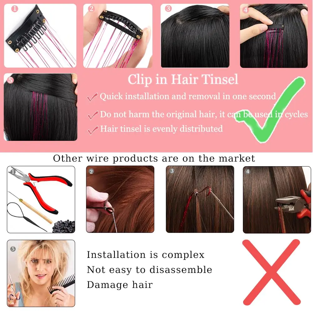 6Pcs 50cm Sparking Shiny Hair Tinsel Hair Extensions Tinsel Synthetic Hair Clip  Extensions Women for Braiding Headdress